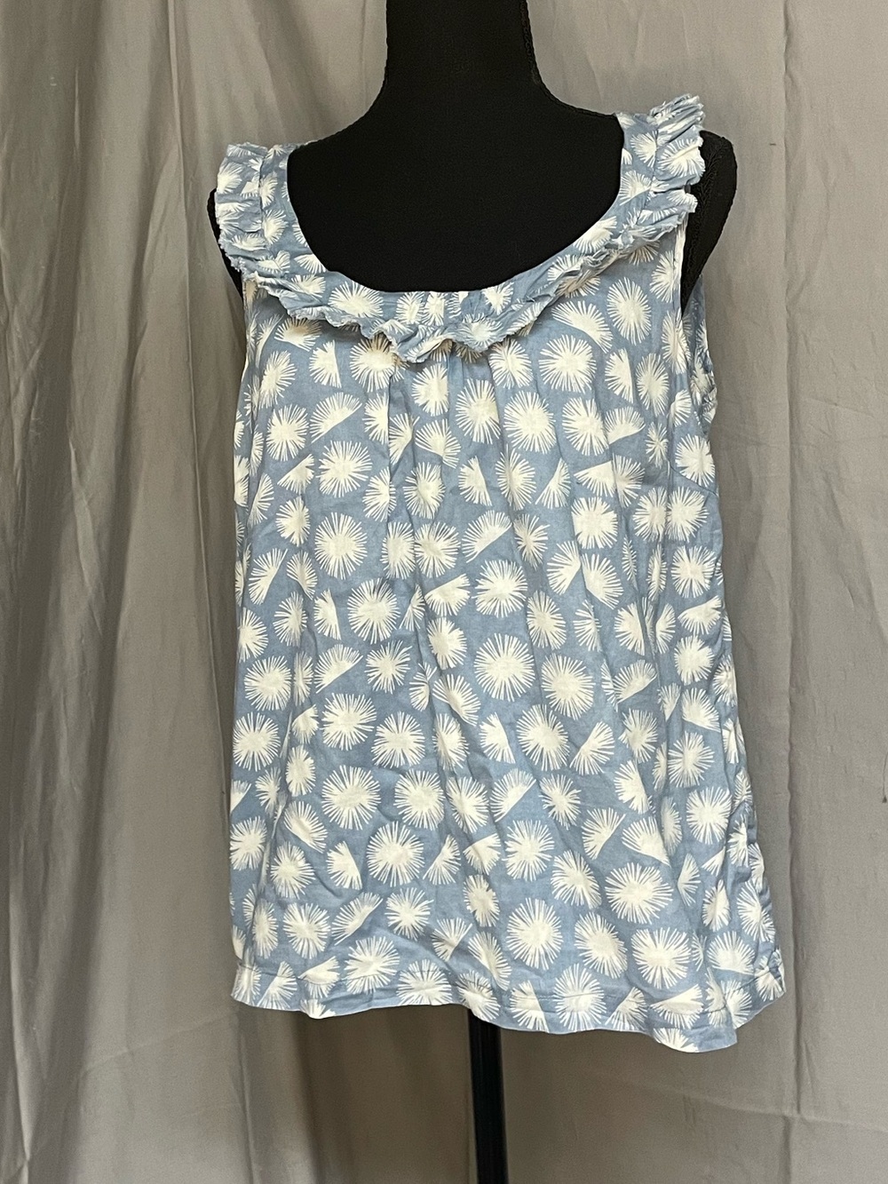 Boden 100% Cotton Light Blue and White Floral Ruffle-Neck Sleeveless Camisole